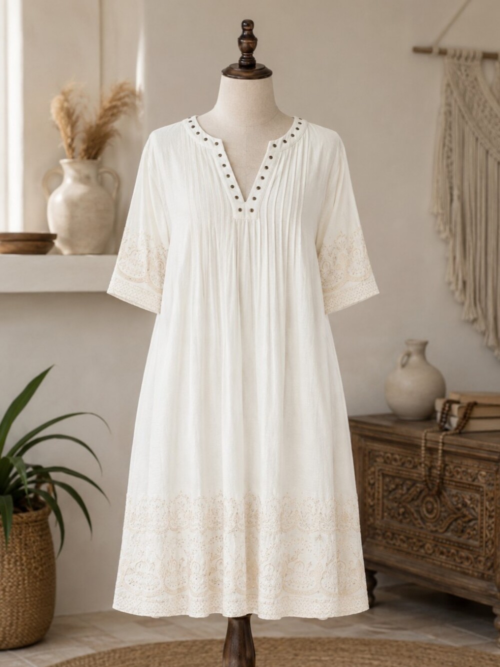 NEW Sundance Cream Nicolette Sweet Cotton Dress V Neck Embroidery Short Sleeve